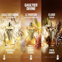 Three Gaultier perfume bottles with different scents on a warm-toned background.