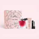 Lancôme La Vie Est Belle L'Elixir L'eau De Parfum 50ml Gift Set with pink perfume bottle, pink body lotion tube, mascara and packaging on a light pink background