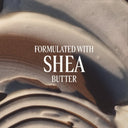 Close-up of shea butter with text 'Formulated with Shea Butter' on a textured background.