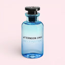 BEAUTE KNOWS Blue perfume bottle labeled 'Afternoon Swim' by Louis Vuitton on a light pink background