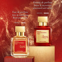 Maison Francis Kurkdjan Paris Romantical Rouge 540 Eau de Parfum shown in two bottle sizes against a textured red and gold background with descriptive text overlays.