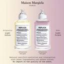 Two bottles of Maison Margiela Replica Afternoon Delight Eau de Toilette 100ml perfume in light yellow and light purple on a gradient background.