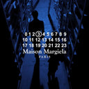 Silhouette of a person walking between shelves with numbers and 'Maison Margiela' branding.