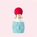 Miu Miu Eau de Parfum 50ml perfume bottle with red cap and gold accents on a light pink background