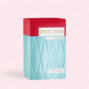 Miu Miu Eau de Parfum 50ml perfume box with red and blue design on a light pink background