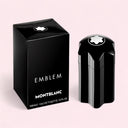 Montblanc Emblem Eau de Toilette 100ml perfume bottle and packaging on a light pink background
