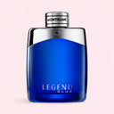 Montblanc Legend Blue Eau de Parfum 100ml perfume bottle on a light pink background