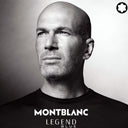 Black and white portrait of Zinedine Zidane with 'Montblanc Legend Blue' text overlay.