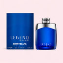Montblanc Legend Blue Eau de Parfum 100ml perfume bottle and packaging on a light pink background