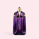 Purple Mugler Alien Refillable Eau de Parfum 60ml perfume bottle with gold accents on a light pink background