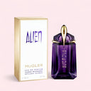 Mugler Alien Refillable Eau de Parfum 60ml perfume bottle and packaging on a light pink background