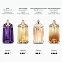 Four bottles of Alien perfume by Mugler with color gradient and intensity ratings.