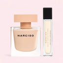 Narciso Rodriguez Narciso Eau de Parfum Poudrée 90ml perfume bottle and a travel size vial on a pink background