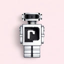 Robot-shaped Paco Rabanne Phantom Eau de Toilette 50ml perfume bottle with a logo on a pink background