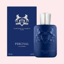 BEAUTE KNOWS Blue Parfums De Marly Percival Eau De Parfum 125ml perfume bottle and packaging box on a light pink  background