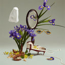 Collage of purple flowers, a mirror, a chair, and other objects on a gray background