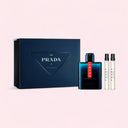 Prada Luna Rossa Ocean Eau de Toilette 100ml Set set with a dark blue box on a light pink background