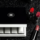 Chanel ROUGE ALLURE VELVET NUIT BLANCHE Set including lipsticks and a palette on a black glittery background
