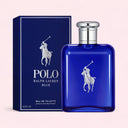 Ralph Lauren Polo Blue Eau de Toilette 125ml perfume bottle and packaging on a light pink background
