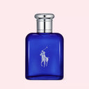 Blue Ralph Lauren Polo Blue Eau de Toilette 75ml perfume bottle with silver cap on a light pink background
