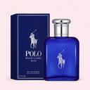 Blue Ralph Lauren Polo Blue Eau de Toilette 75mlperfume bottle and packaging on a light pink background