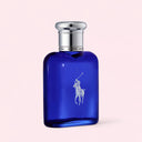 front side view of Blue Ralph Lauren Polo Blue Eau de Toilette 75ml perfume bottle with silver cap on a pink background