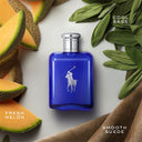 Ralph Lauren Polo Blue Eau de Toilette fragrance bottle with suede, melon slices and leaves on a light background