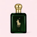 Green Ralph Lauren Polo Oud Eau de Parfum 125ml perfume bottle with gold cap on a light pink background