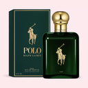 Ralph Lauren Polo Oud Eau de Parfum 125ml bottle and packaging on a light pink background