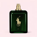 Green Ralph Lauren Polo Oud Eau de Parfum 125ml perfume bottle showcasing nozzle without gold cap and logo on a light pink background