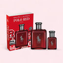 Ralph Lauren Polo Red parfum bottles and packaging on a light pink background