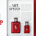 Two red Polo Red Ralph Lauren perfume bottles with a magazine article on a white background.