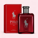 Red Ralph Lauren Polo Red Parfum 125ml perfume bottle and packaging on a light pink background
