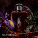 Red Ralph Lauren Polo Red Parfum 125ml perfume bottle with floral and leaf elements on a dark background