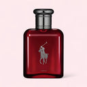 Red Ralph Lauren perfume bottle on a light pink background