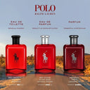 Three red Polo Ralph Lauren perfume bottles with labels on a scenic background