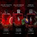Three Ralph Lauren Polo red perfume bottles with labels for Eau de Toilette, Eau de Parfum, and Parfum on a dark background.