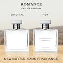 Two bottles of Ralph Lauren Romance Eau de Parfum, one labeled 'Original' and the other 'New', on a wooden surface.