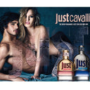 Advertisement for Just Cavalli perfume featuring a man and woman with the product displayed.
