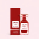 Tom Ford Electric Cherry Eau de Parfum 50ml perfume bottle and packaging on a light pink background