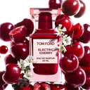 Tom Ford Electric Cherry Eau de Parfum 50ml perfume bottle surrounded by cherries and flowers on a white background