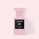 pastel light pink Tom Ford Rose Prick Eau de Parfum 50ml perfume bottle with a black label on a light pink background