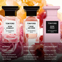 Three Tom Ford rose range perfume bottles with descriptive text below each bottle on floral background