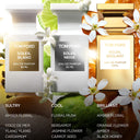 Three Tom Ford Soleil perfume bottles with floral elements and descriptive text on a dark background.