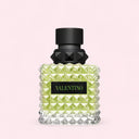 Valentino Donna Born In Roma Green Stravaganza Eau de Parfum 50ml perfume bottle with green diamond-patterned design on a light pink background