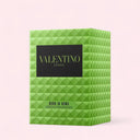 Green Valentino Donna Born In Roma Green Stravaganza Eau de Parfum 50ml perfume box with 'Valentino' branding on a light pink background