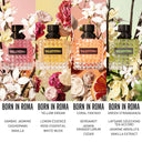 Four bottles of Valentino 'Born in Roma' perfume with floral and fruit accents.