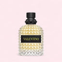 Valentino Uomo Born In Roma Yellow Dream Eau de Toilette 50ml perfume bottle with geometric design on a light pink background