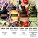 Collage of Valentina 'Born in Roma' perfume bottles with according product names and scent description on colorful backgrounds.