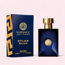 Versace Dylan Blue Pour Homme Eau de Toilette 50ml perfume bottle and packaging on a light pink background